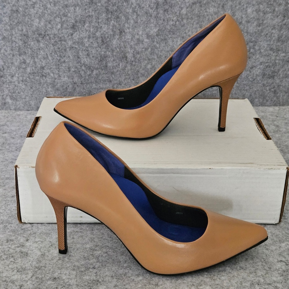 Antonia Saint NY Tan Leather Pointed Toe Stiletto Pumps Blue Lining 9.5